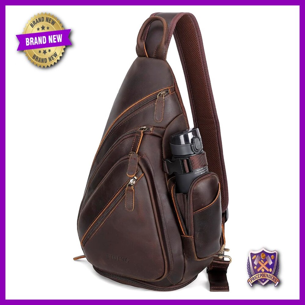 Full Grain Leather Sling Chest Bag Large Crossbody Daypack Fits Tablet